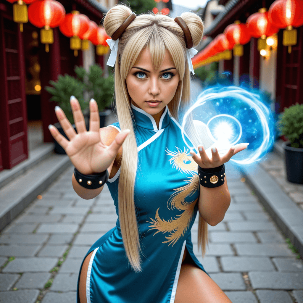 Chun-Li From Street Fighter Cosplay Character Costume Performing Her Kikoken Energy Ball