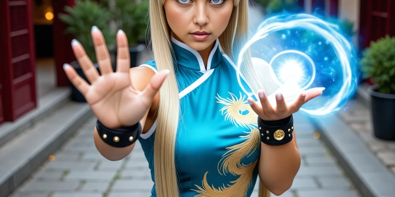 Chun-Li From Street Fighter Cosplay Character Costume Performing Her Kikoken Energy Ball