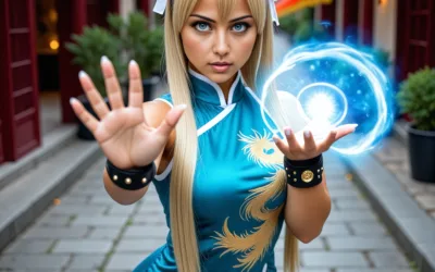 Chun-Li From Street Fighter Cosplay Character Costume Performing Her Kikoken Energy Ball